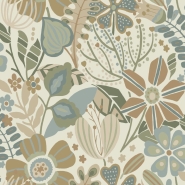 Papier peint à motif de fleurs sauvages en vert, beige et blue