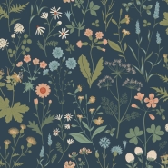 Papier peint à motif de fleurs sauvages en bleu foncé, vert et rose