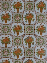 Vintage floral wallpaper with orange flowers in a brown vase