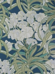 Vintage behang met sierlijke blauwe en groene bloemen