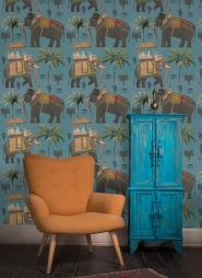 The elephants procession wallpaper blue