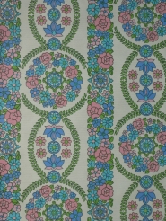 papier peint vintage fleurs bleu, rose et vert